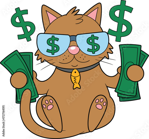 A Cool Brown Cat Wearing Sunglasses with Dollar Signs, Holding Stacks of Money, and Surrounded by Floating Dollar Symbols - Financial Success and Feline Style