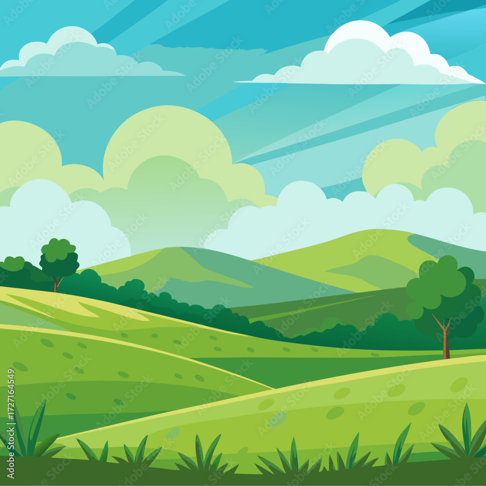 Obraz premium Serene rolling green hills and cloudy sky vector nature landscape illustration scalable