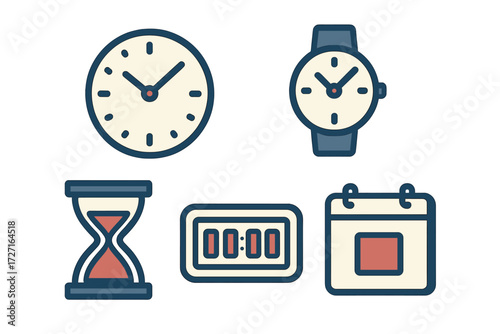 Diverse timekeeping elements featuring analog clock, wristwatch, hourglass, digital timer, and calendar