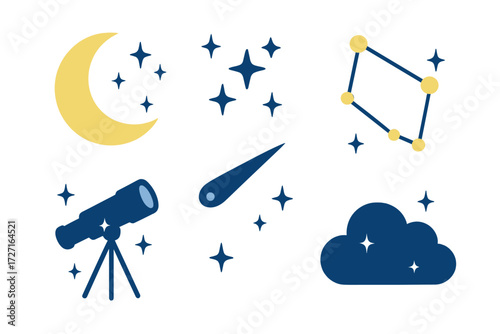 Diverse collection of astronomy and celestial objects including crescent moon, shining stars, telescope, comet, and constellation