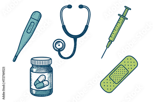 Assortment of essential medical equipment, diagnostic tools, and pharmaceutical supplies for healthcare and wellness