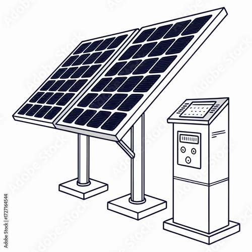 Illustration of two solar panels mounted on poles next to a control panel unit