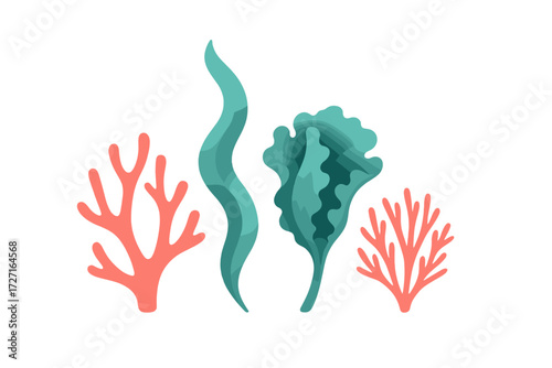Vibrant marine life elements with coral and aquatic plants