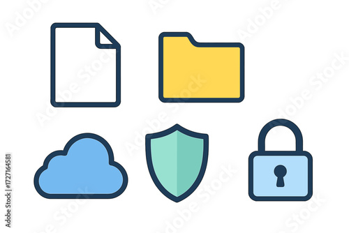 Digital data management and cybersecurity icons with cloud storage, file, folder, shield, and padlock symbols