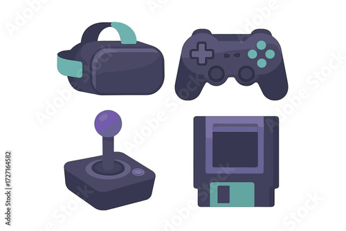Virtual reality headset, modern gamepad, classic joystick, and vintage floppy disk for gaming and technology concepts