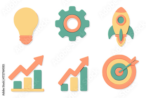 Collection of business development, innovation, and success icons including growth charts, lightbulb, rocket, and target goals