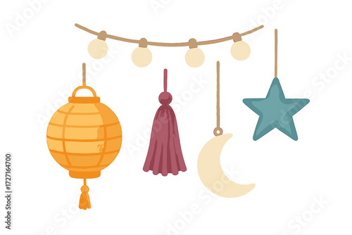 Boho style hanging string lights, paper lantern, tassel, crescent moon, and star decorations set, perfect for festive celebrations and events