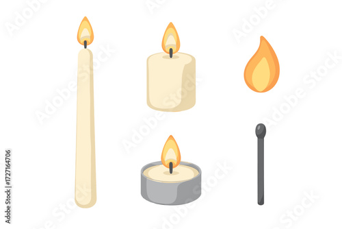 Assortment of burning candles including taper, pillar, and tea light with a matchstick and an isolated flame icon