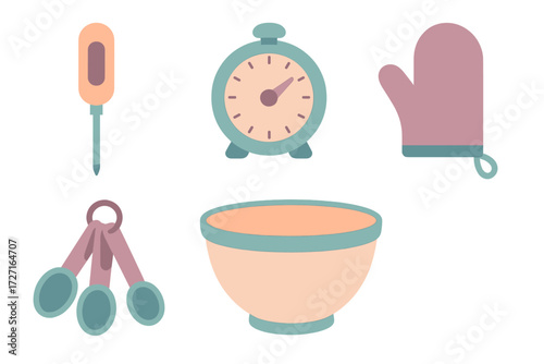 Collection of kitchen baking and cooking tools with thermometer, clock, oven mitt, measuring spoons, and mixing bowl