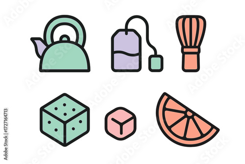 Assortment of tea time essentials featuring a teapot, tea bag, whisk, sugar cubes, and a fresh citrus fruit slice