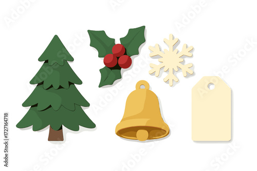 Festive Christmas holiday elements set with green tree red holly golden bell snowflake and blank tag for seasonal design projects