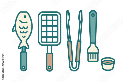 Collection of barbecue grilling tools including fish spatula grill basket tongs basting brush and sauce bowl