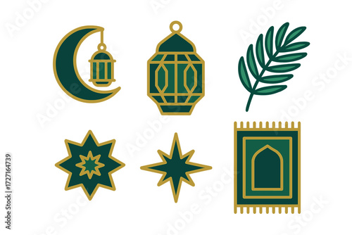Stylized Islamic religious symbols and decorative elements for Ramadan and Eid al-Fitr and Eid al-Adha holidays