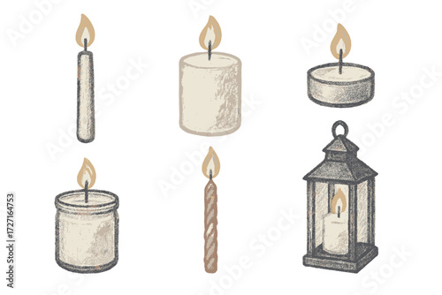 Assortment of various lit candles including pillar, taper, votive, and jar candles with a glowing lantern providing warm ambient light