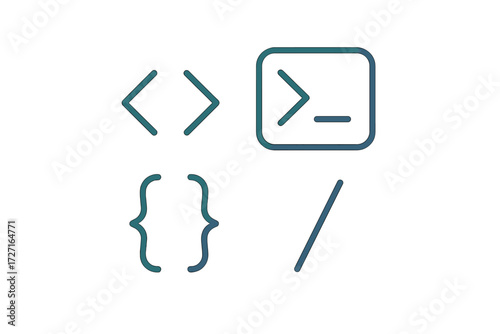 Essential programming language symbols and command line interface icons representing software development concepts