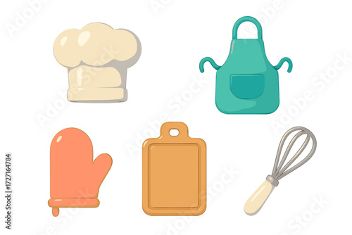 Essential kitchen and baking tools set including chef's hat, apron, oven mitt, cutting board, and whisk for culinary projects