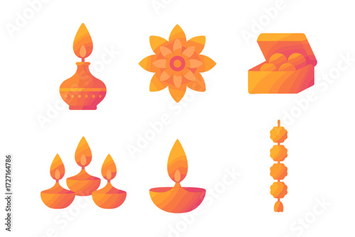 Traditional Indian festival elements set with decorative oil lamps, sweets, flowers, and garlands for cultural celebrations