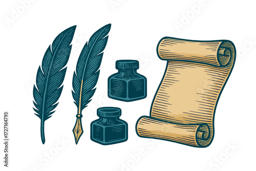 Classic writing set featuring elegant feather quills, traditional inkwells, and an ancient parchment scroll