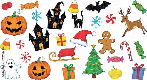 Vector art of assortment of holiday and halloween icons, including pumpkins, ghosts, bats, and christmas elements