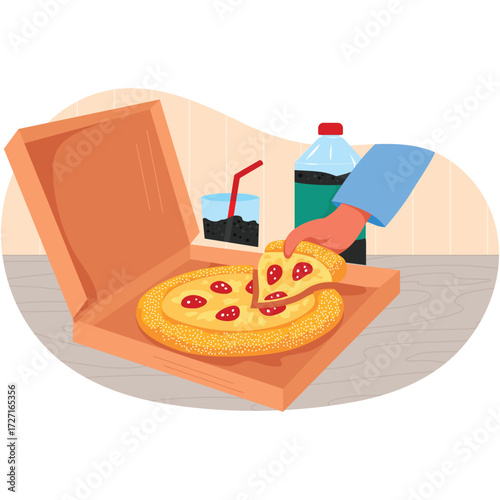 Male hand taking pizza from box vector cartoon