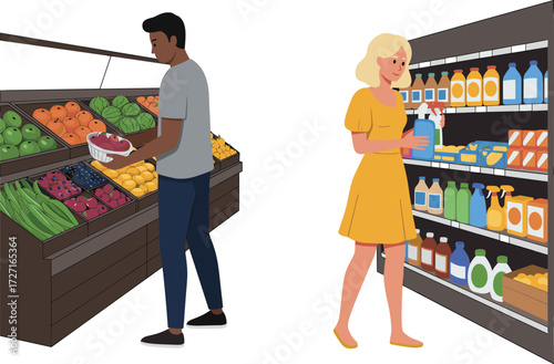 Grocery shopping scene, cartoon illustration, fresh produce, packaged goods, apples, juice bottles, household items, everyday activity, retail moment, store shelves