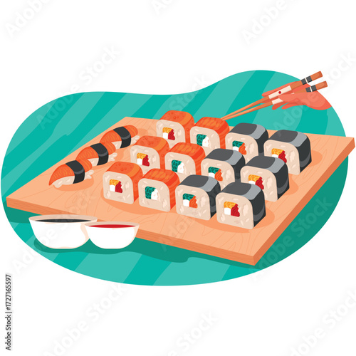 Sushi fast food on wooden tray cartoon vector