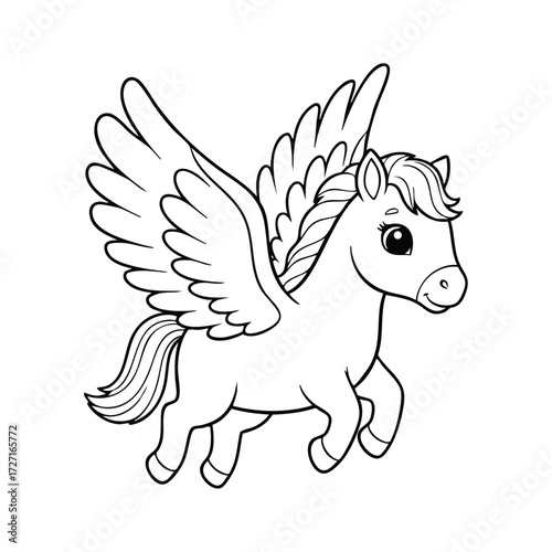A whimsical winged pony soaring gracefully through the air with a joyful expression and flowing mane.