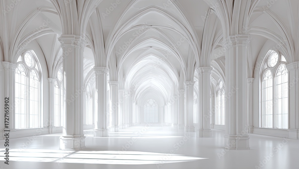 Obraz premium Vast, white cathedral hallway, sunlight streams in