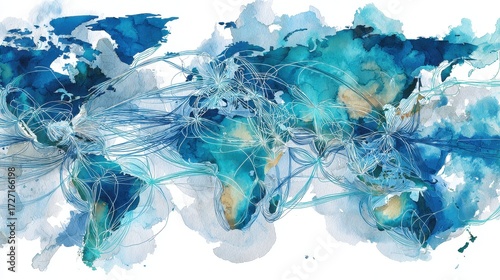 Fototapeta Naklejka Na Ścianę i Meble -  Abstract watercolor of interconnected global economy, trade routes merging into financial hubs, world map with money flow, futuristic financial web.