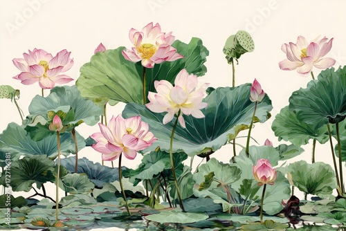 Pink lotus blossoms in a tranquil pond. Lush foliage surrounds vibrant blooms