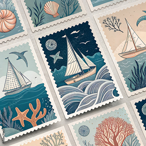 Modern minimalist stamp designs featuring nautical and floral elements in a textured grid arrangement illustration
