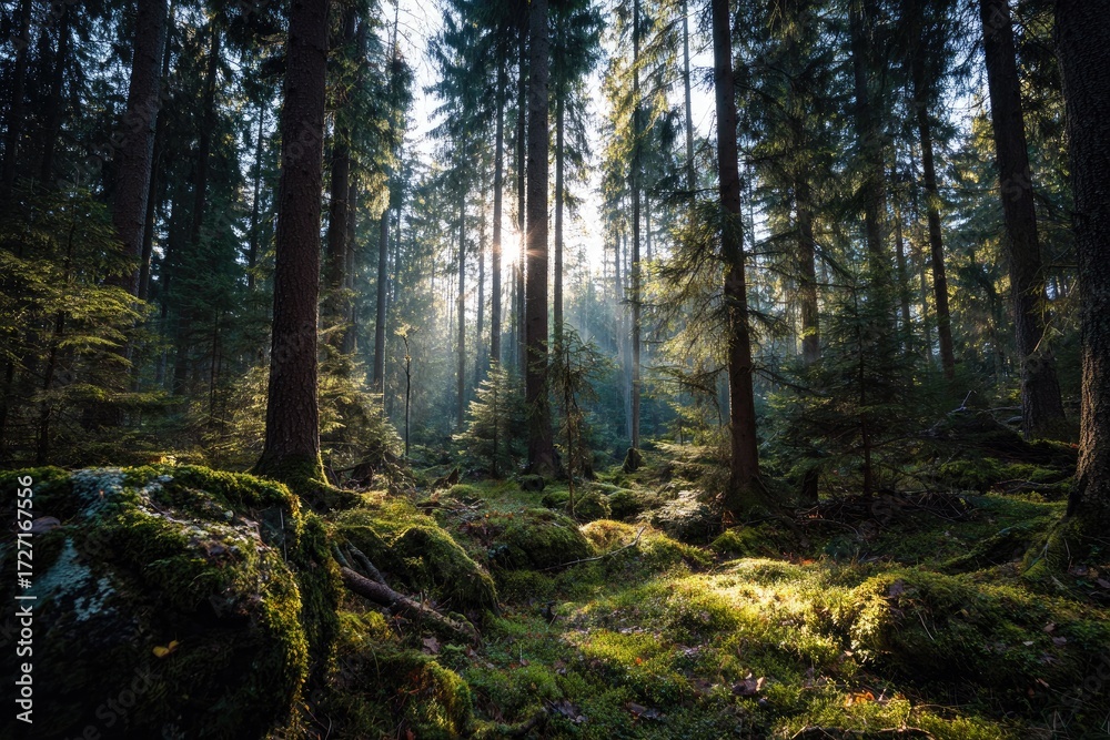 Obraz premium Sunlight filtering through a dense forest