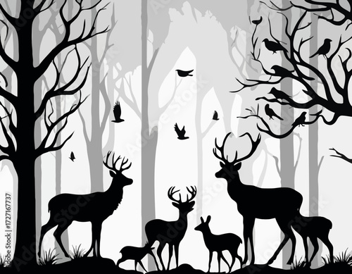 Black silhouette Vector forest and sum deer and bird white background