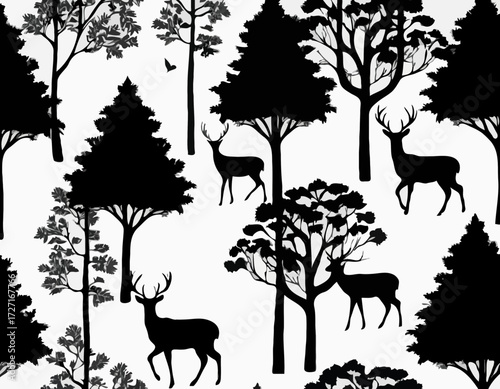 Black silhouette Vector forest and sum deer and bird white background