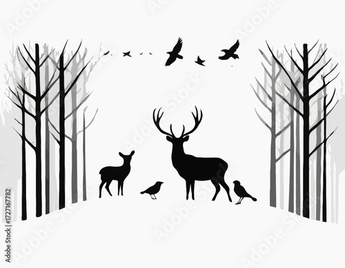 Black silhouette Vector forest and sum deer and bird white background