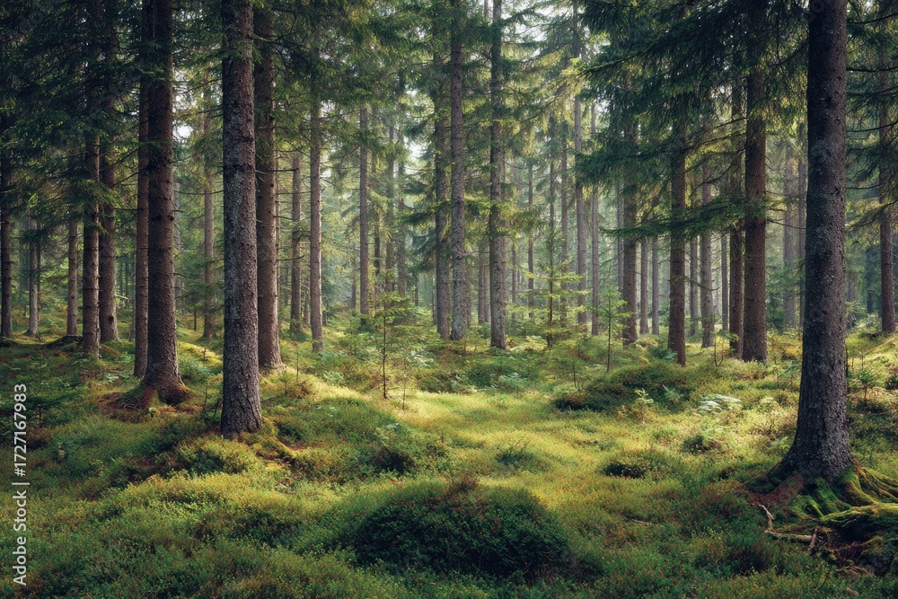 Obraz premium Misty forest floor bathed in soft light