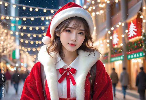 A young beautiful girl dressed in Christmas clothes. On the background of a city decorated for Christmas, Christmas tree, meeting,クリスマスの服を着た若い美少女。クリスマスの飾りがされた街中の背景,クリスマスツリー、待ち合わせ