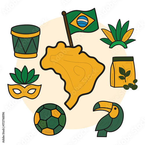 vibrant Brazil illustration pack – map, flag, toucan, drum, soccer ball, and carnival elements – ideal for travel design, educational content, and festive editorials