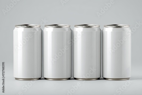 Four blank white aluminum beverage cans arranged in a row against a light gray background.  The cans have a smooth, glossy surface, and silver-colored rims