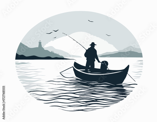 Fisherman in boat silhouette Vector illustration