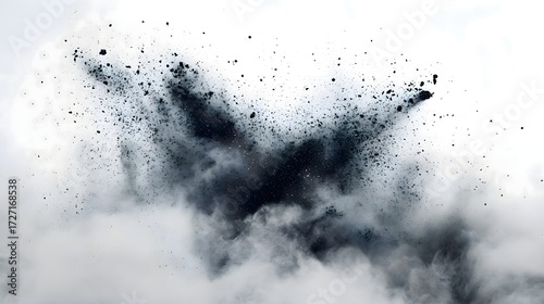 Stock image of black powder explosion with dust particles and smoke on white background design