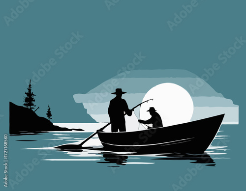 Fisherman in boat silhouette Vector illustration