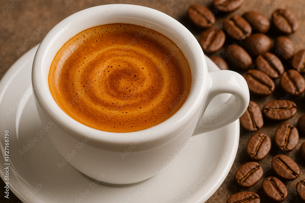 Obraz premium Italian espresso in a small white cup, rich golden crema detailed, coffee beans scattered beside