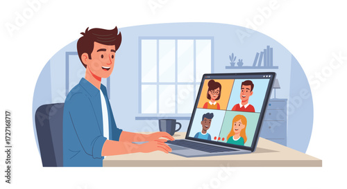 Digital Connections: A person engrossed in a video conference, using a laptop, creating a scene of modern digital networking.