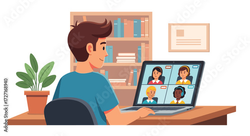 Virtual Connection: A person engages in a virtual conference call on a laptop, showcasing modern communication in a digitally connected world.
