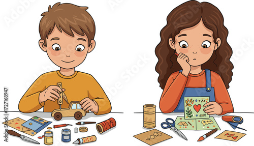 Kids crafting at table, cartoon illustration, toy car assembly, decorative card, creative play, glue, scissors, colorful materials, thoughtful moment