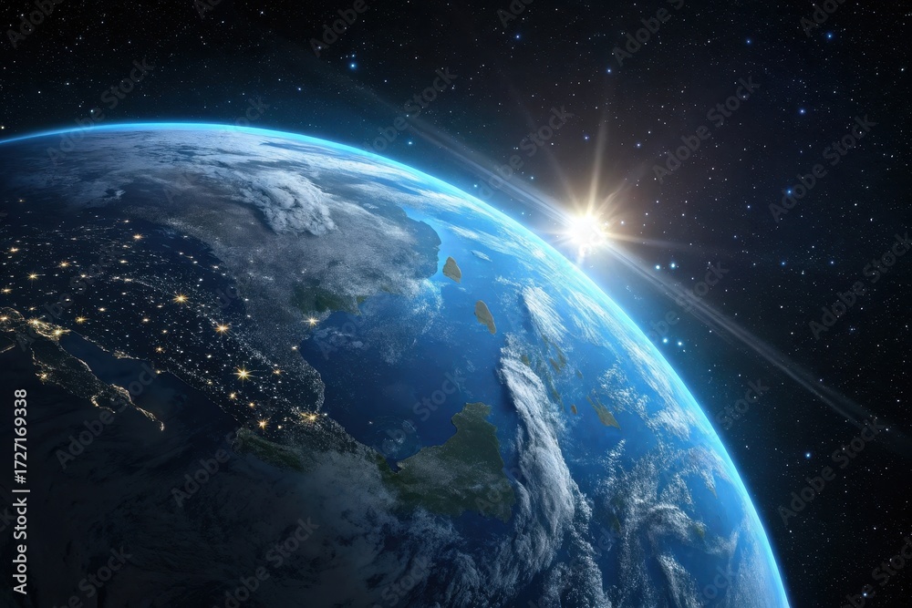 Obraz premium The blue planet Earth, soft halo of ozone, sunlight on curvature,