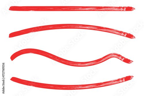 Red paint brush stroke lines and wave shapes collection. Hand drawn bold grunge borders with rough edges and textured ink effect. Artistic underline elements