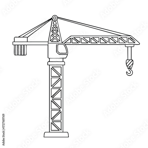 A detailed depiction of a construction crane showcasing its structure and functionality in a minimalist style.