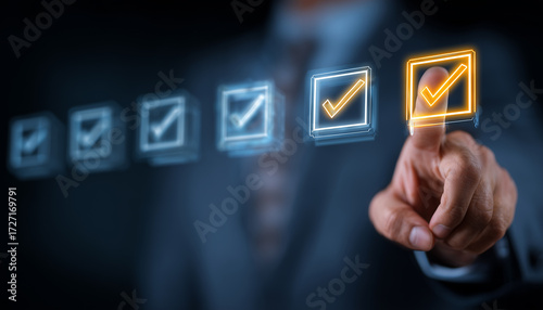 Businessman hand and square box with to do list and checklist. Management planning work concept